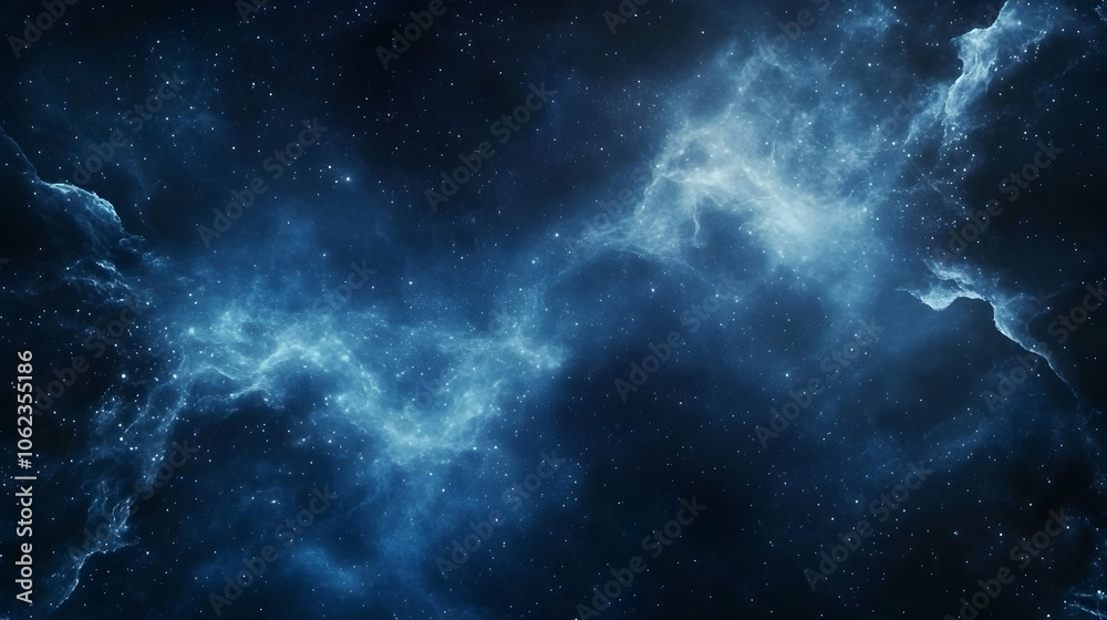 Obraz premium A serene and dreamy depiction of a star-filled blue galaxy, featuring soft glowing clouds and a peaceful celestial atmosphere.