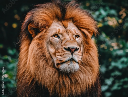 A majestic lion with a lush mane gazes thoughtfully, captured in an 8k cinematic style with natural lighting and a blurred green background.