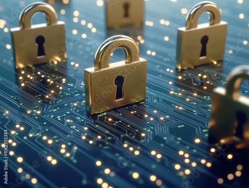 Golden locks placed on a circuit board convey a concept of data security and protection in a digital environment.
