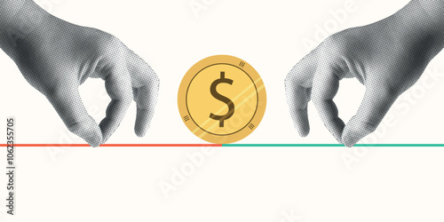 Contemporary Halftone Collage Hand for investments concept, marketing, trading. Online Stock banner with finance elements, coins, money. Vertical invest or business poster. Vector illustration.