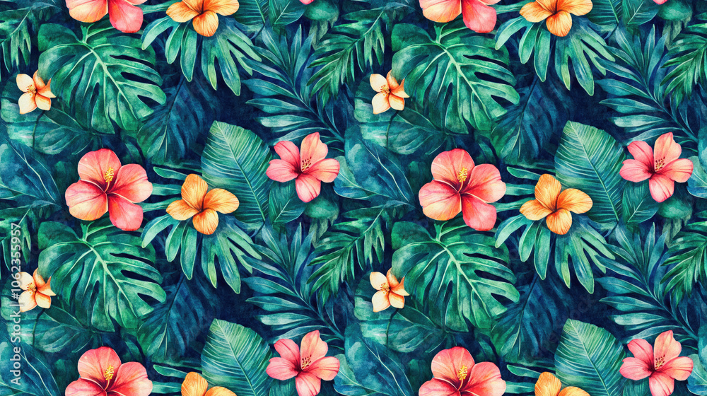 Vibrant tropical watercolor leaves and flowers creating a seamless pattern ideal for fabric and wallpaper design Vibrant tropical watercolor leaves and flowers creating a seamless pattern ideal for fabric and wallpaper design