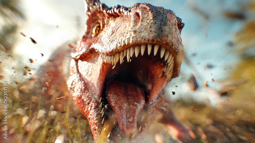 A dramatic and intense close-up of a dinosaur displaying its sharp teeth and wild, fierce expression, encapsulating the raw power of prehistoric wildlife. A dramatic and intense close-up of a dinosaur displaying its sharp teeth and wild, fierce expression, encapsulating the raw power of prehistoric wildlife.