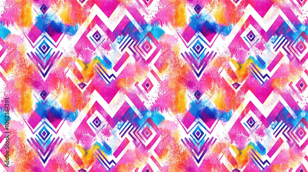 Vibrant seamless pattern featuring watercolor splatter and ethnic zigzag motifs ideal for textile or wallpaper design Vibrant seamless pattern featuring watercolor splatter and ethnic zigzag motifs ideal for textile or wallpaper design