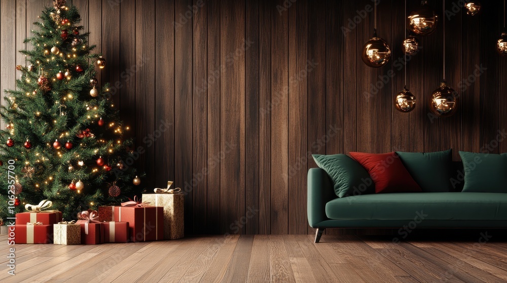 A beautifully decorated Christmas tree stands next to a wooden paneled wall, with a modern green sofa adorned with red pillows next to it. A beautifully decorated Christmas tree stands next to a wooden paneled wall, with a modern green sofa adorned with red pillows next to it.