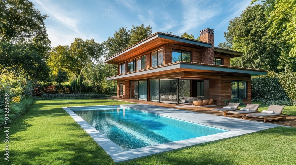 Fototapeta premium Modern villa with pool, view from the garden