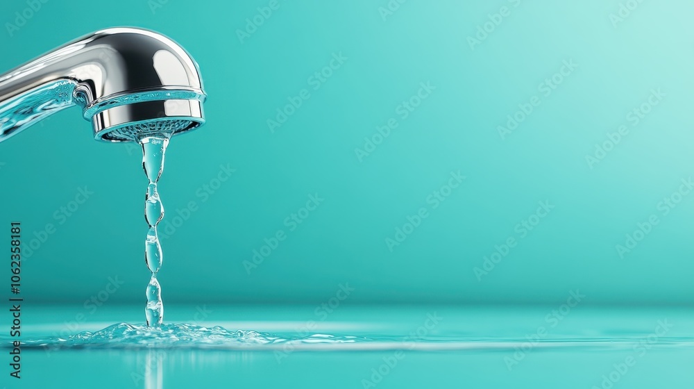 A modern chrome faucet sits above a calm turquoise backdrop, with water droplets descending and creating subtle ripples, capturing beauty in simplicity and clarity. A modern chrome faucet sits above a calm turquoise backdrop, with water droplets descending and creating subtle ripples, capturing beauty in simplicity and clarity.