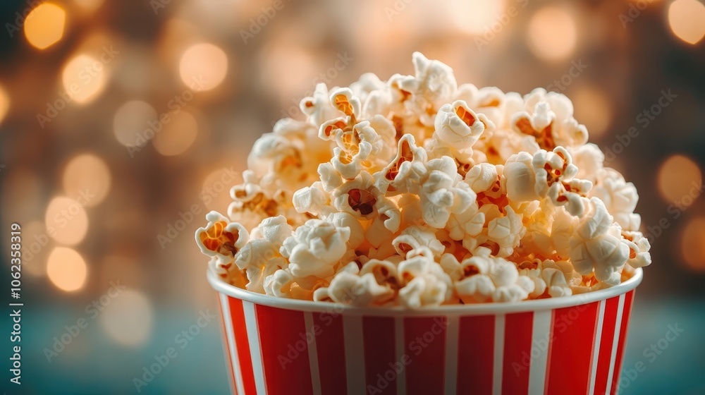 A captivating display of popcorn cascading out of a classic red and white striped container, set against a defocused background of warm, festive lights. A captivating display of popcorn cascading out of a classic red and white striped container, set against a defocused background of warm, festive lights.