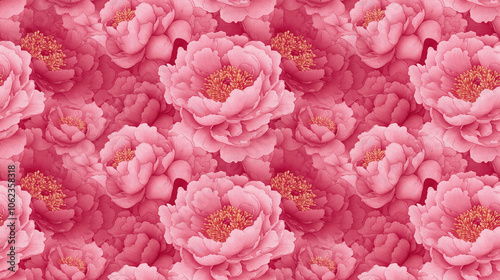 Fototapeta Naklejka Na Ścianę i Meble -  Seamless pattern featuring lush pink peonies in full bloom ideal for fabric design and home decor