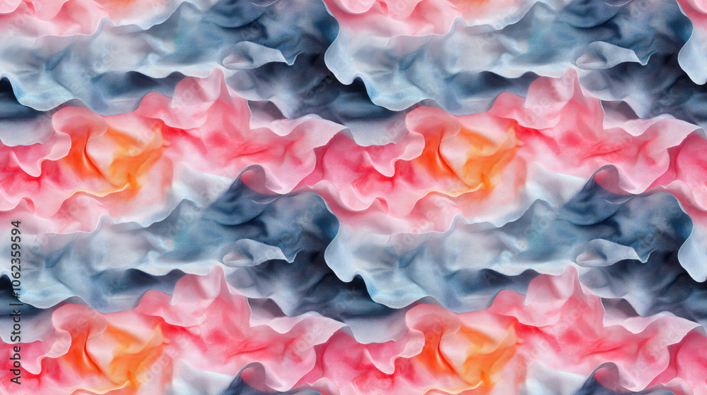 Fototapeta premium Gray tie dye shirt pattern featuring crumpled paper textures and pastel watercolor elements for bohemian style fabric design