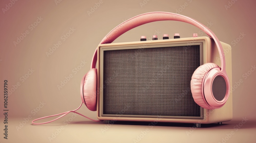 Obraz premium Retro loudspeaker with vintage pink headphones.