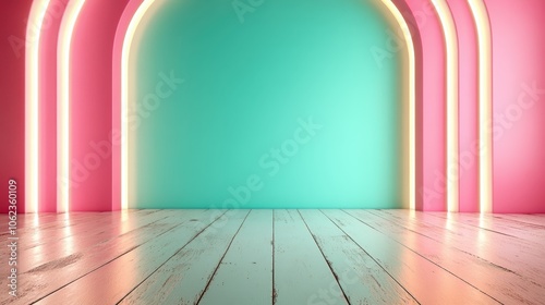 Wallpaper Mural A stunning archway design featuring pastel pink and turquoise colors with glowing neon lights, presenting a modern and stylish atmosphere of design brilliance. Torontodigital.ca