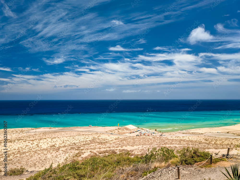 Aerial drone view of the beach of Sotavento, Fuerteventura, Canary Island, Spain