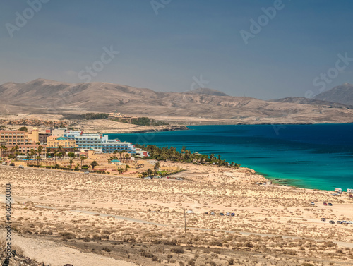 Aerial drone view of the beach of Sotavento, Fuerteventura, Canary Island, Spain