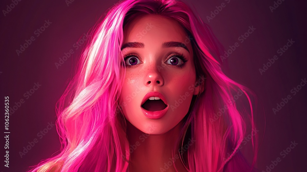 A young woman with pink hair and blue eyes looks surprised. A young woman with pink hair and blue eyes looks surprised.