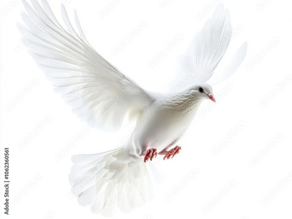 A white dove in mid-flight, wings gracefully spread, set against a transparent background. The image exudes serenity and peace.