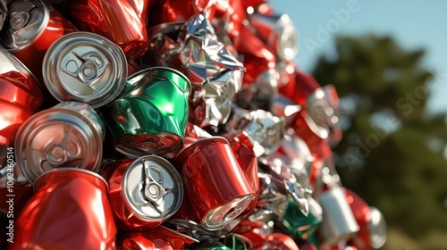 An image of a pile of crumpled metal cans shining in the sunlight, set against a blurred backdrop of nature, highlighting themes of consumption and recycling. photo