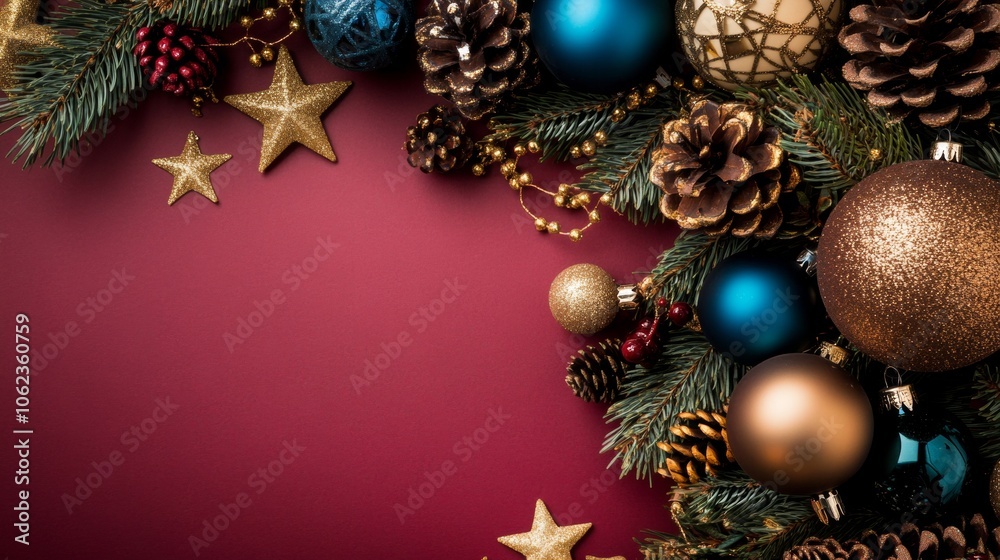 Christmas background with decorations along the edges. Christmas tree branches, gold glitter balls, stars, and garland. Flat lay, top view on a dark background with copy space. Christmas background with decorations along the edges. Christmas tree branches, gold glitter balls, stars, and garland. Flat lay, top view on a dark background with copy space.