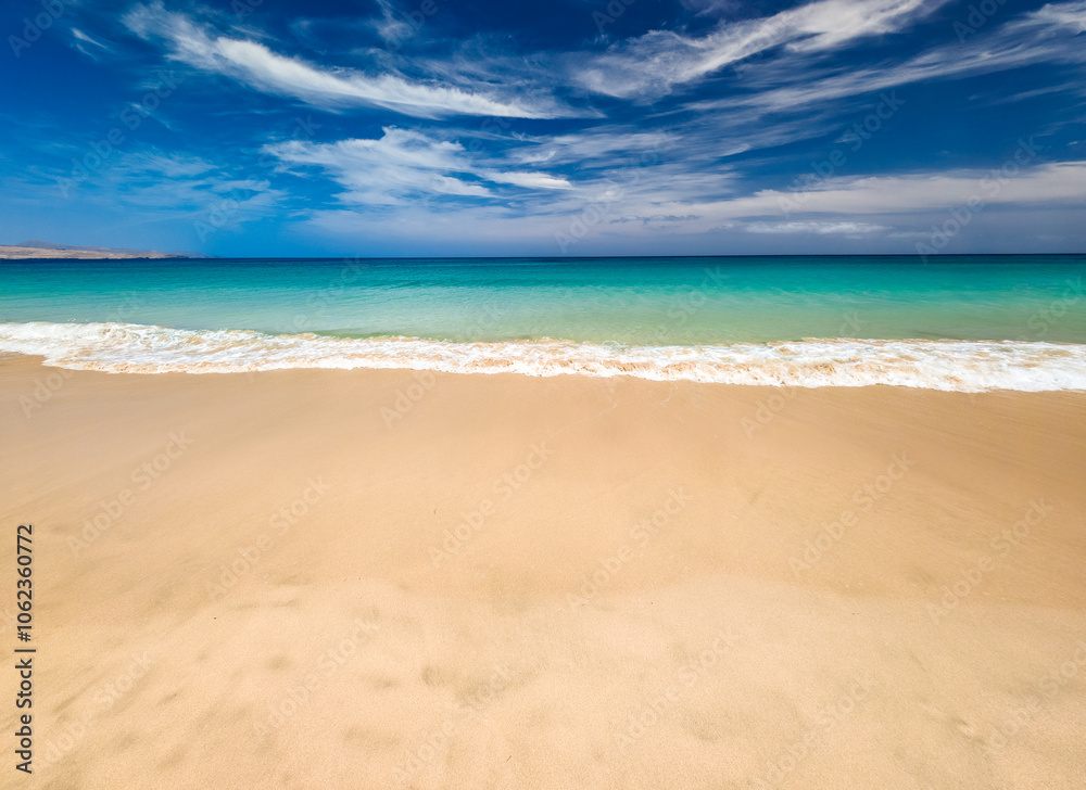 Obraz premium Aerial drone view of Costa Calma beach during the sunset,Fuerteventura, Canary Islands