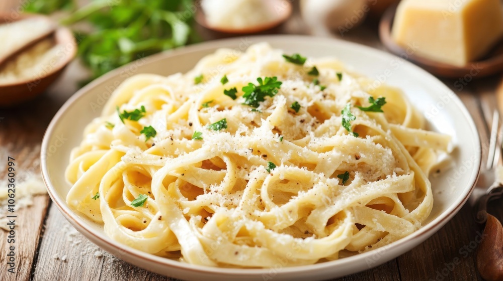 Italian fettuccine Alfredo with a creamy sauce, garnished with parsley and Parmesan cheese Italian fettuccine Alfredo with a creamy sauce, garnished with parsley and Parmesan cheese