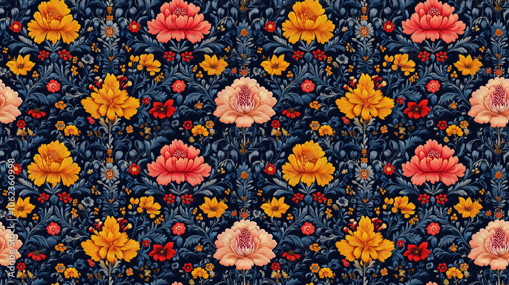 Seamless Indian traditional artwork pattern featuring intricate Daman embroidery with multi ethnic floral designs and decorative motifs