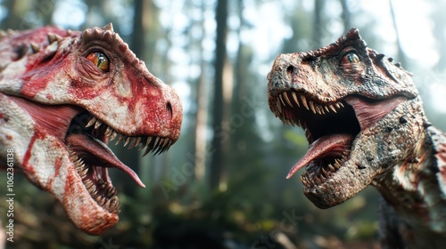 Fototapeta Naklejka Na Ścianę i Meble -  Two realistic dinosaurs with open mouths facing each other in a dense, lush forest, showcasing intense emotion and dynamic interaction against a prehistoric backdrop.