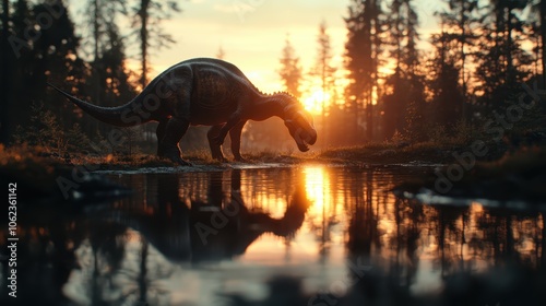 Fototapeta Naklejka Na Ścianę i Meble -  Silhouetted dinosaur at sunset, drinking from a forest stream, casting reflections on the water, blending the magical interplay of light and shadow.
