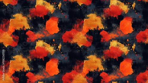 Seamless grunge tie dye pattern featuring bright acrylic paint strokes and vintage gold wallpaper design for festive holiday decor