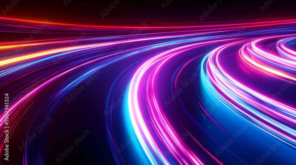 A glowing neon highway design with vibrant, flowing light trails in shades of pink, purple, and blue on a dark background. A glowing neon highway design with vibrant, flowing light trails in shades of pink, purple, and blue on a dark background.