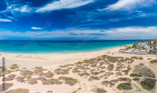 Fototapeta Naklejka Na Ścianę i Meble -  Aerial drone view of Costa Calma beach during the sunset,Fuerteventura, Canary Islands
