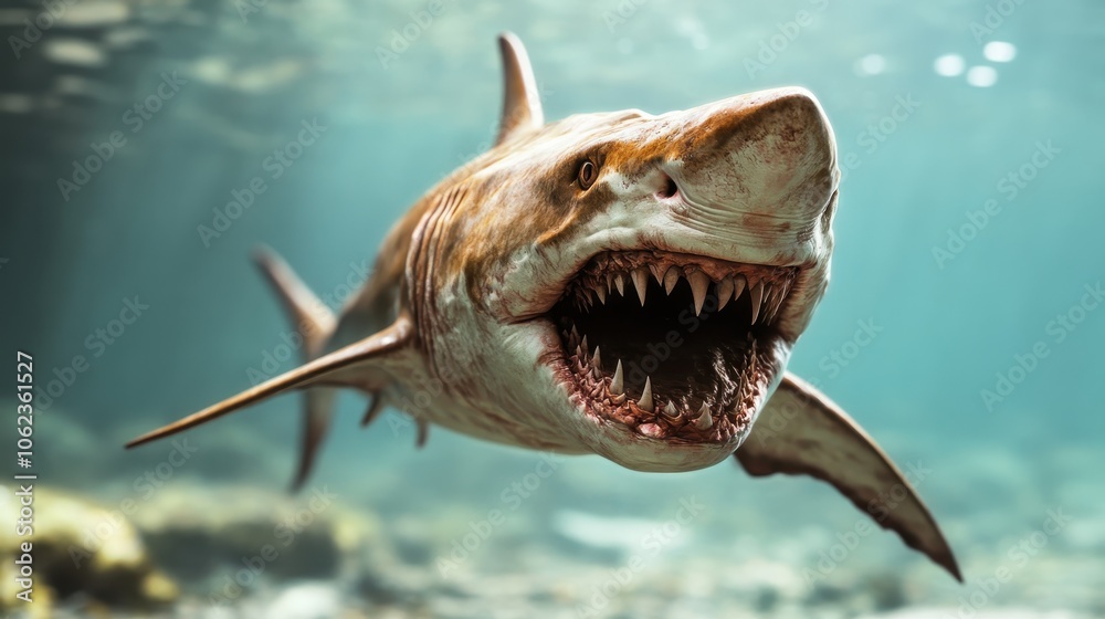 Naklejka premium A menacing shark swims in the crystal-clear ocean, its sharp teeth glinting beneath the water, capturing the essence of a marine predator in its natural habitat.