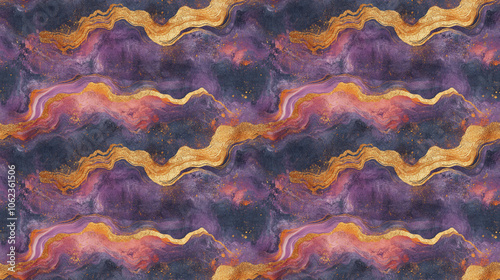 Seamless pattern of oil painted backgrounds featuring gold wood texture purple wavy designs and coral marble grunge ideal for textile and wallpaper design