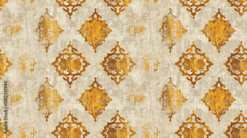 Luxurious seamless pattern of cream and gold Bali textile print featuring rich cloth ornaments and mild gold wet washed textures