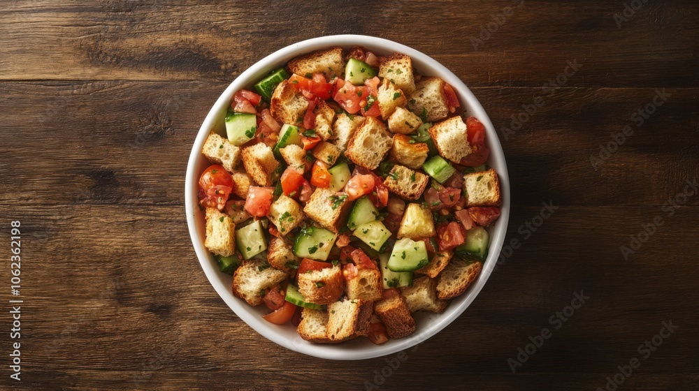 Italian panzanella salad with bread cubes, tomatoes, cucumbers, and a tangy vinaigrette dressing. Italian panzanella salad with bread cubes, tomatoes, cucumbers, and a tangy vinaigrette dressing.
