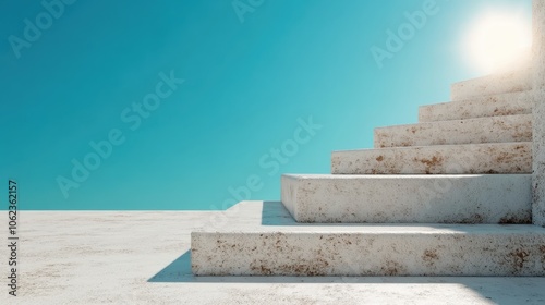 Concrete steps bathed in warm sunlight ascend into a clear sky, highlighting themes of aspiration and steady progress against the vibrant backdrop.
