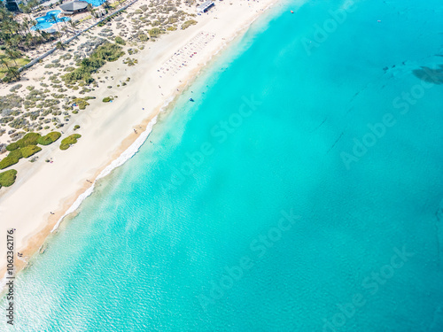 Aerial drone view of Costa Calma beach during the sunset,Fuerteventura, Canary Islands