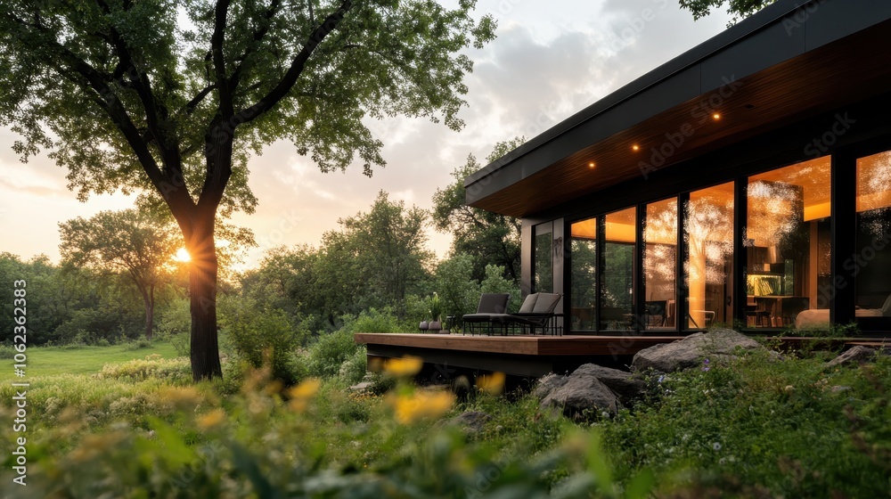 This modern house, set against a backdrop of lush greenery and a glowing sunset, captures tranquility and warmth with its glass facades and sleek architecture. This modern house, set against a backdrop of lush greenery and a glowing sunset, captures tranquility and warmth with its glass facades and sleek architecture.