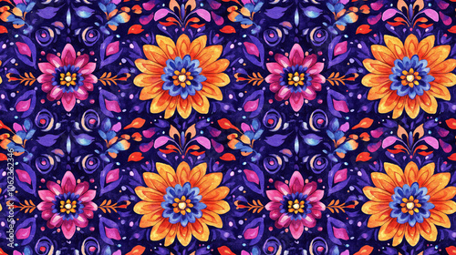 Colorful seamless pattern featuring folk kaleidoscope designs and vintage violet prints perfect for bohemian fabric applications