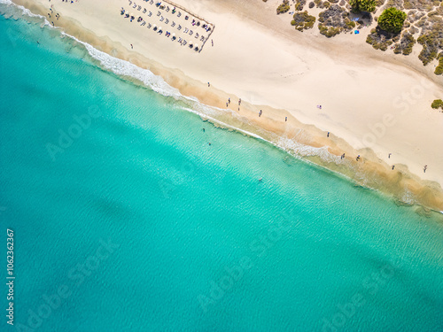 Aerial drone view of Costa Calma beach during the sunset,Fuerteventura, Canary Islands