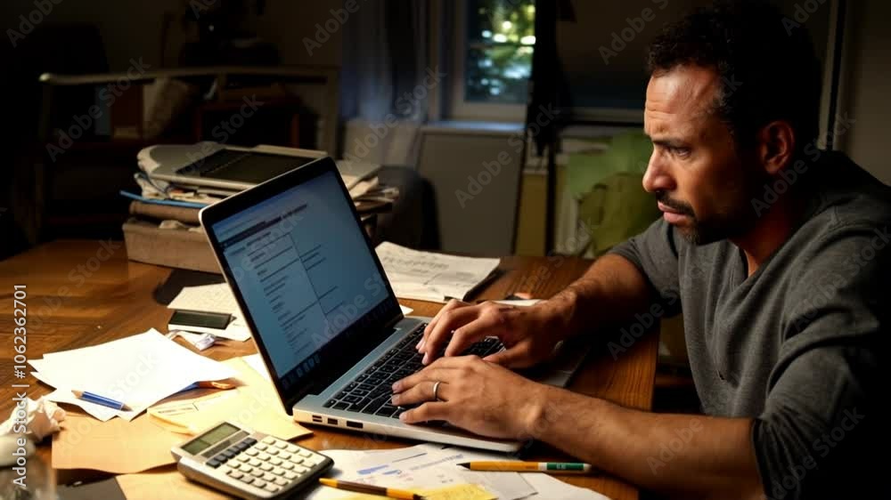 A Latino man sits at a desk with one hand on his forehead, showing a concerned expression while using a laptop. Natural and realistic motion captures his shifting focus as he glances between the scree A Latino man sits at a desk with one hand on his forehead, showing a concerned expression while using a laptop. Natural and realistic motion captures his shifting focus as he glances between the scree