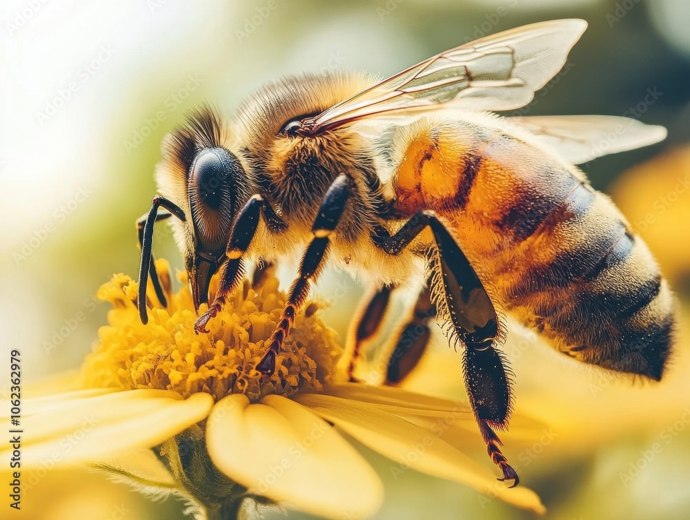 A close-up image of a large, striped bee collecting pollen on a vibrant yellow flower, captured in stunning detail and warm tones. A close-up image of a large, striped bee collecting pollen on a vibrant yellow flower, captured in stunning detail and warm tones.