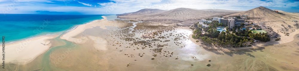 Fototapeta premium Aerial drone view of the beach of Sotavento, Fuerteventura, Canary Island, Spain