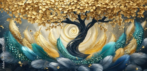 A 3D mural of a tree with gold and navy blue leaves, surrounded by feathers transitioning from emerald to gold, each covered in dewdrops, with a serene vortex in the background.