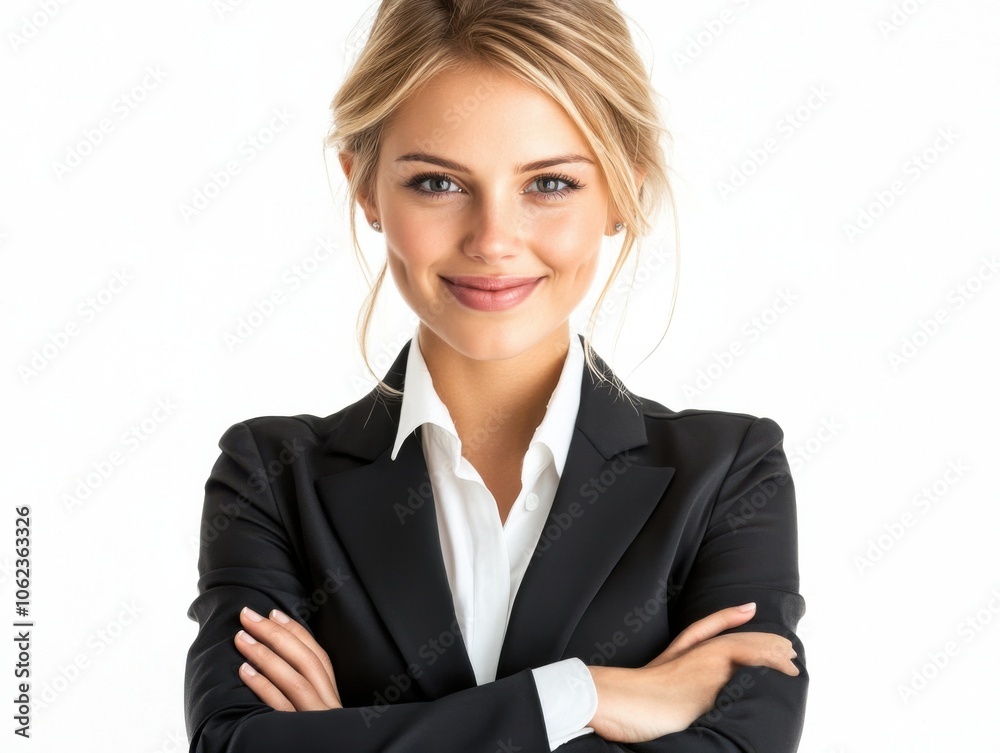 A young woman with a cheerful expression, dressed in a black suit and white shirt, stands against a white background with her arms crossed. A young woman with a cheerful expression, dressed in a black suit and white shirt, stands against a white background with her arms crossed.