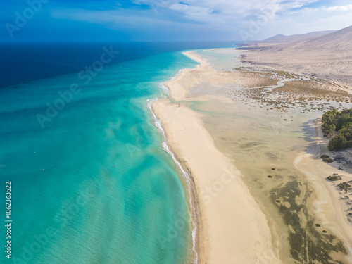 Aerial drone view of the beach of Sotavento, Fuerteventura, Canary Island, Spain