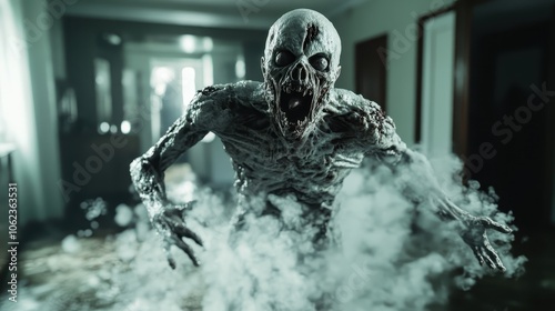 A gruesome skeletal creature screams in a eerie, fog-filled corridor, creating a horrifying and suspenseful atmosphere maxing out the terror element.