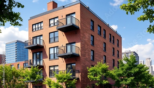 A stylish urban loft exterior wallpaper showcasing a contemporary brick building with large balconies, surrounded by green trees and a vibrant cityscape in the background.