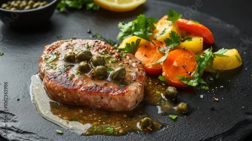 Italian veal piccata with lemon butter sauce and capers, served with a side of vegetables