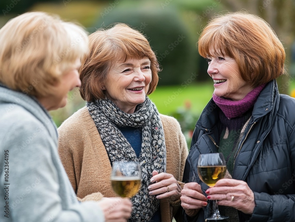 Three mature women enjoying a conversation in a garden while holding glasses of wine. The scene is filled with warmth and laughter. Three mature women enjoying a conversation in a garden while holding glasses of wine. The scene is filled with warmth and laughter.