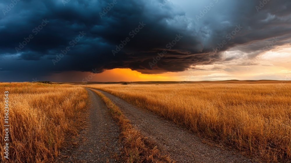 A golden field is seen under an ominous storm cloud, with a bright sunset illuminating the scene from behind, creating a striking contrast between light and dark. A golden field is seen under an ominous storm cloud, with a bright sunset illuminating the scene from behind, creating a striking contrast between light and dark.