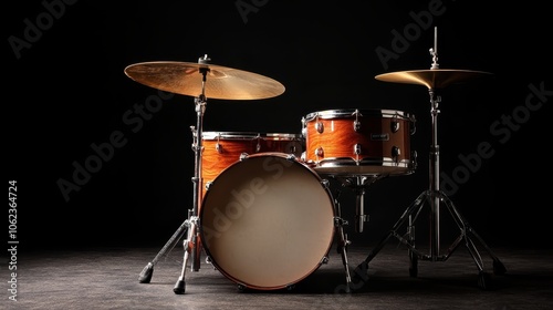 A beautifully crafted wooden drum set is captured under a dramatic lighting setup, highlighting its rich tones and the elegant contours of the percussion instruments. photo